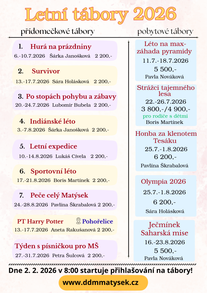 ZBYSTŘETE! PŘIHLAŠOVÁNÍ LETNÍCH TÁBORŮ JE TADY!